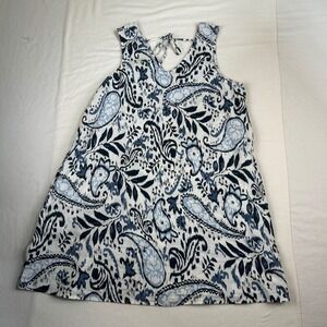 Lucky Brand Linen Paisley Print Sleeveless V Neck Tie Back Mini Shift Dress M